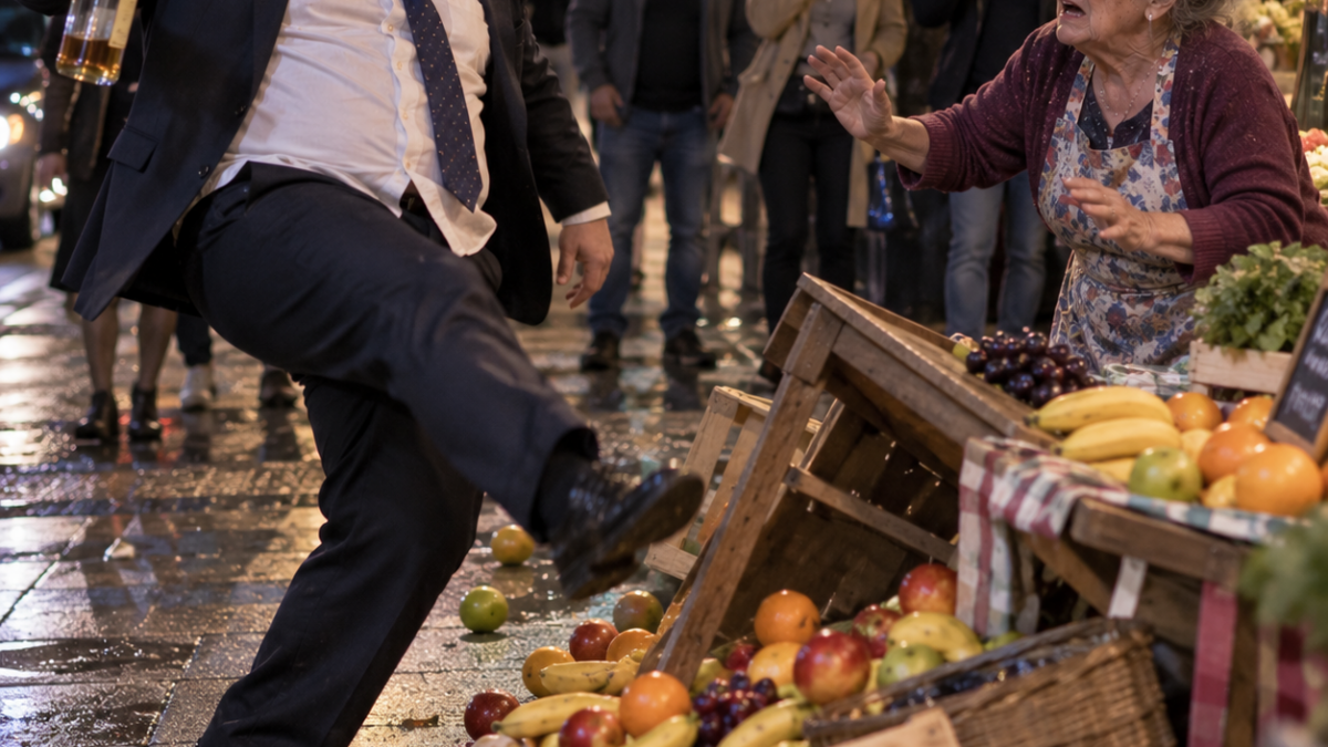 A drunk man kicked over an elderly woman’s fruit stand — then a stranger stepped between them